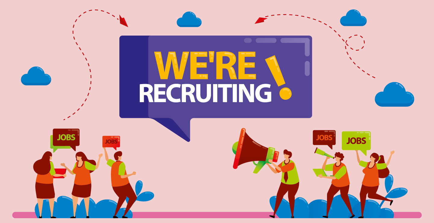 An illustration with a giant speech bubble stating 'we're recruiting!'